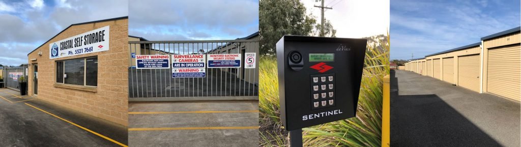 Coastal Self Storage facility, front entrance, security gate, and storage units